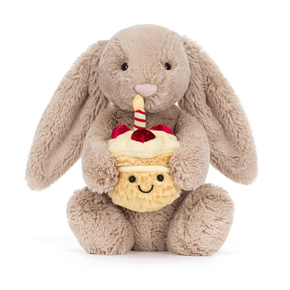 Conejo con tarta de cumpleaños / Bashful Beige Bunny 'Birthday'Jellycat 31x12x9 cm